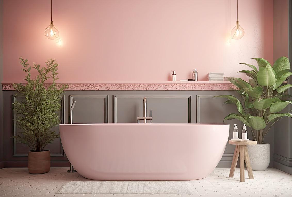 Banheiro com parede e banheira rosa. Ao lado da banheira, uma planta dá um charme ao espaço.
