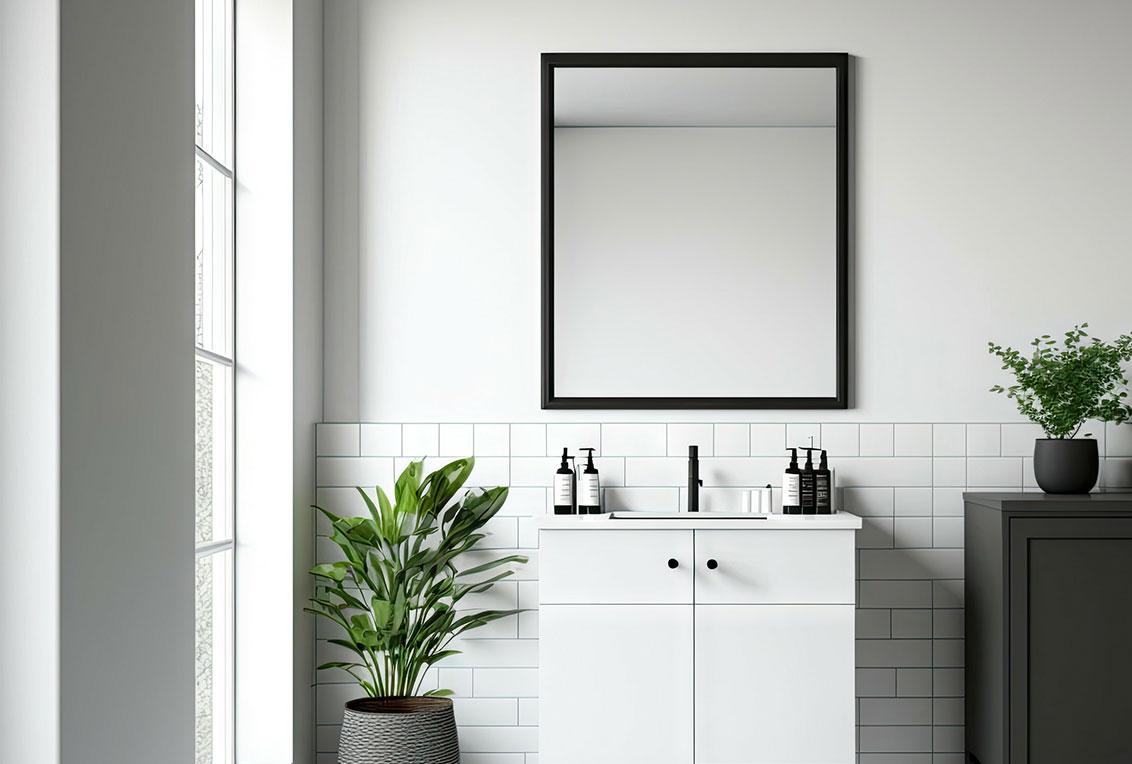 Banheiro preto e branco com um espelho em cima da bancada da pia e uma planta ao lado da bancada.
